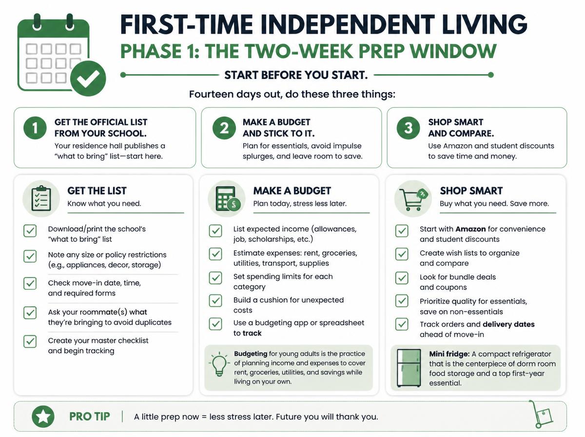 Checklist infographic: College Move-In Day Checklist: A Step-by-Step Plan: Phase 1: The Two-Week Prep Window
