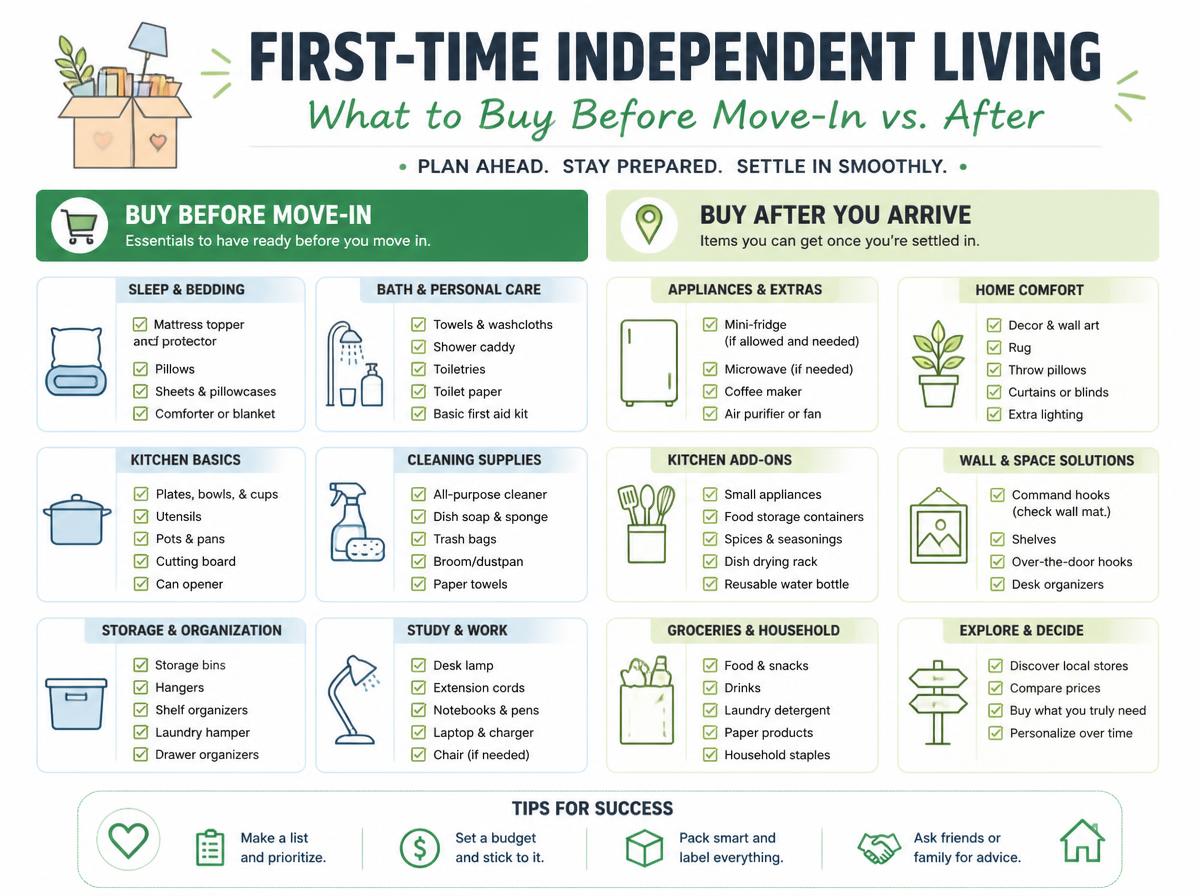 Checklist infographic: Dorm Room Essentials on a Budget: Full Setup Under $200: What to Buy Before Move-In vs. After