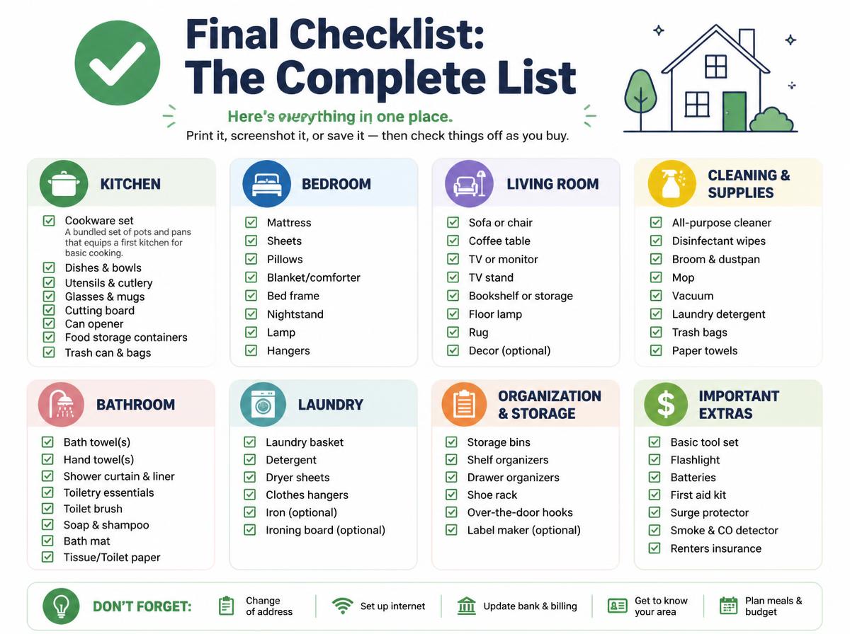 Checklist infographic: First Apartment Essentials Checklist: Room by Room: Final Checklist: The Complete List