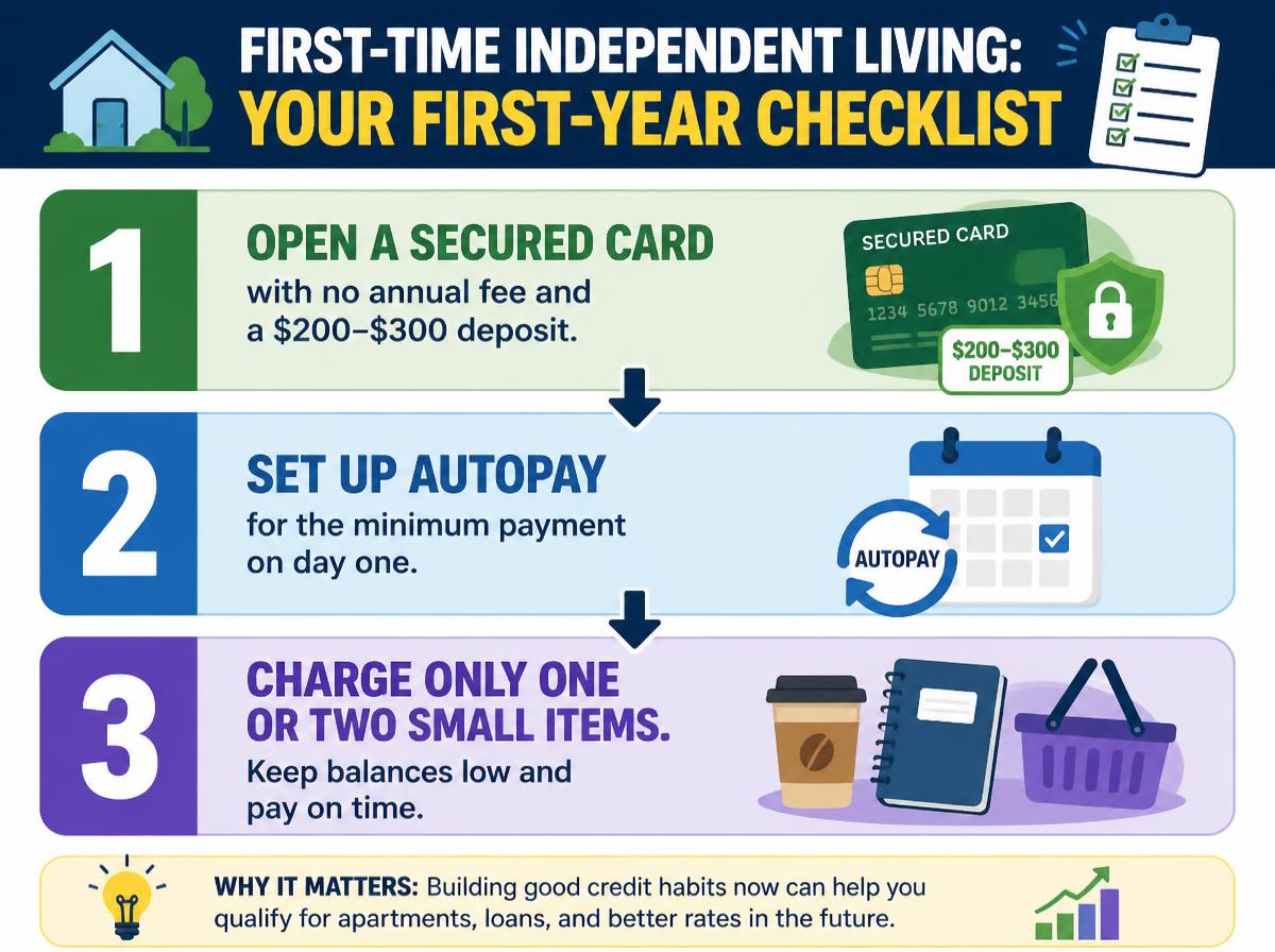 Step-by-step infographic: How to Build Credit at 18 Without Getting Burned: Your First-Year Checklist