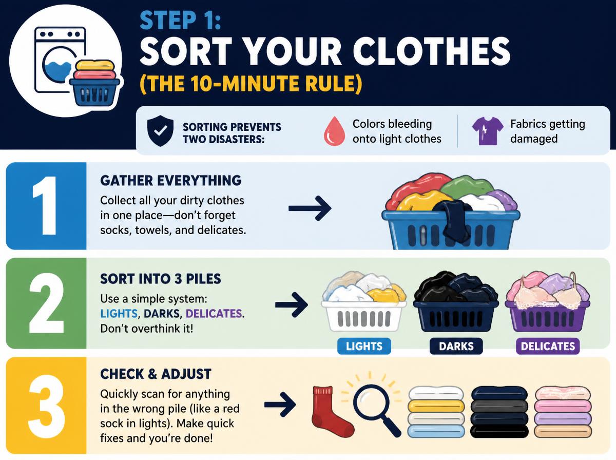 Step-by-step infographic: How to Do Laundry for the First Time: Step by Step: Step 1: Sort Your Clothes (The 10-Minute Rule)