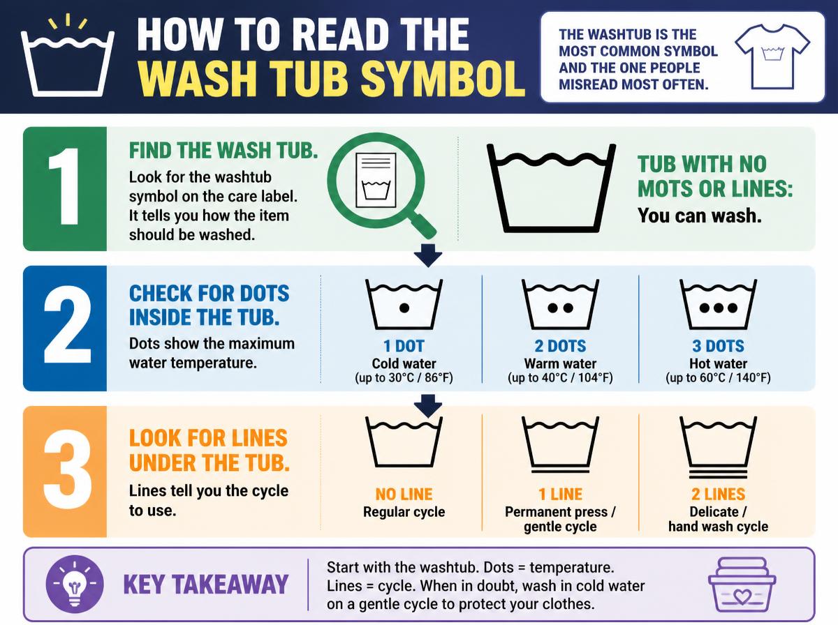 Step-by-step infographic: Laundry Symbols Explained: What Every Tag Means: How to Read the Wash Tub Symbol