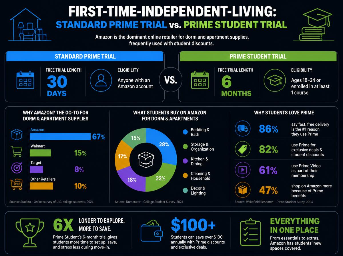 Data and statistics infographic: How Long Is the Prime Student Free Trial?: Standard Prime Trial vs. Prime Student Trial