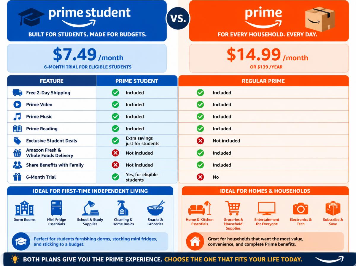 Comparison infographic: Prime Student vs. Regular Prime: The Real Differences: Full Comparison Table